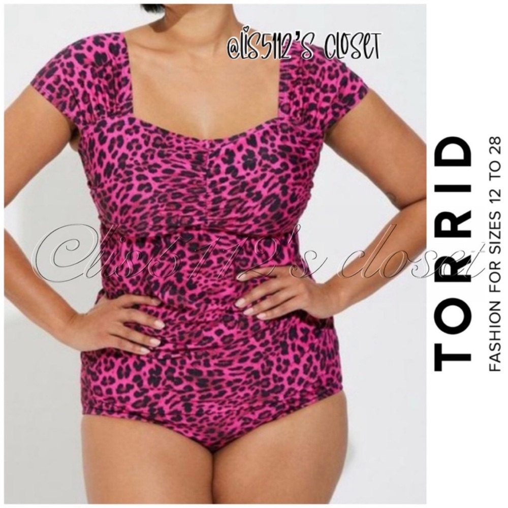 Torrid Hot Fuchsia Pink & Black Leopard Tankini & Black Bottoms Swimsuit SET 2X
